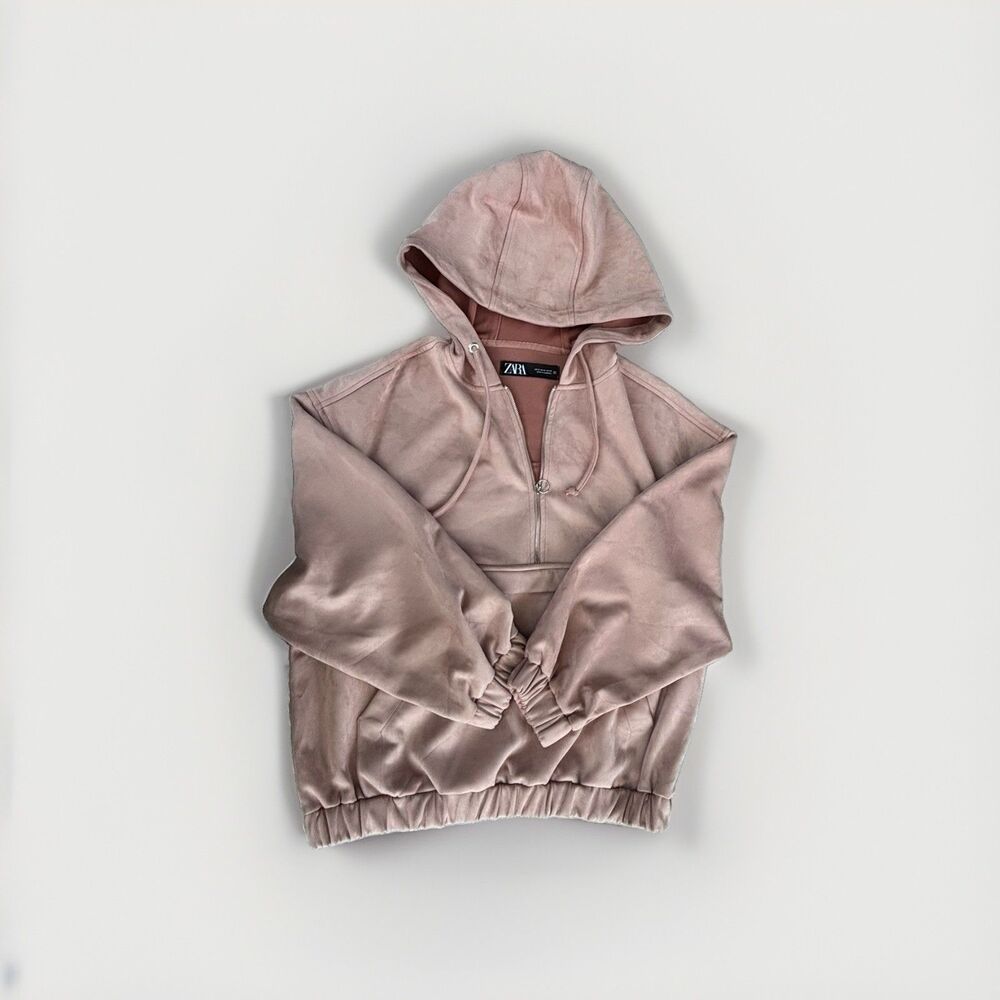 ZARA Pink Hoodie Medium Micro Suede Half Zip Hood Pocket Sweatshirt Pullover